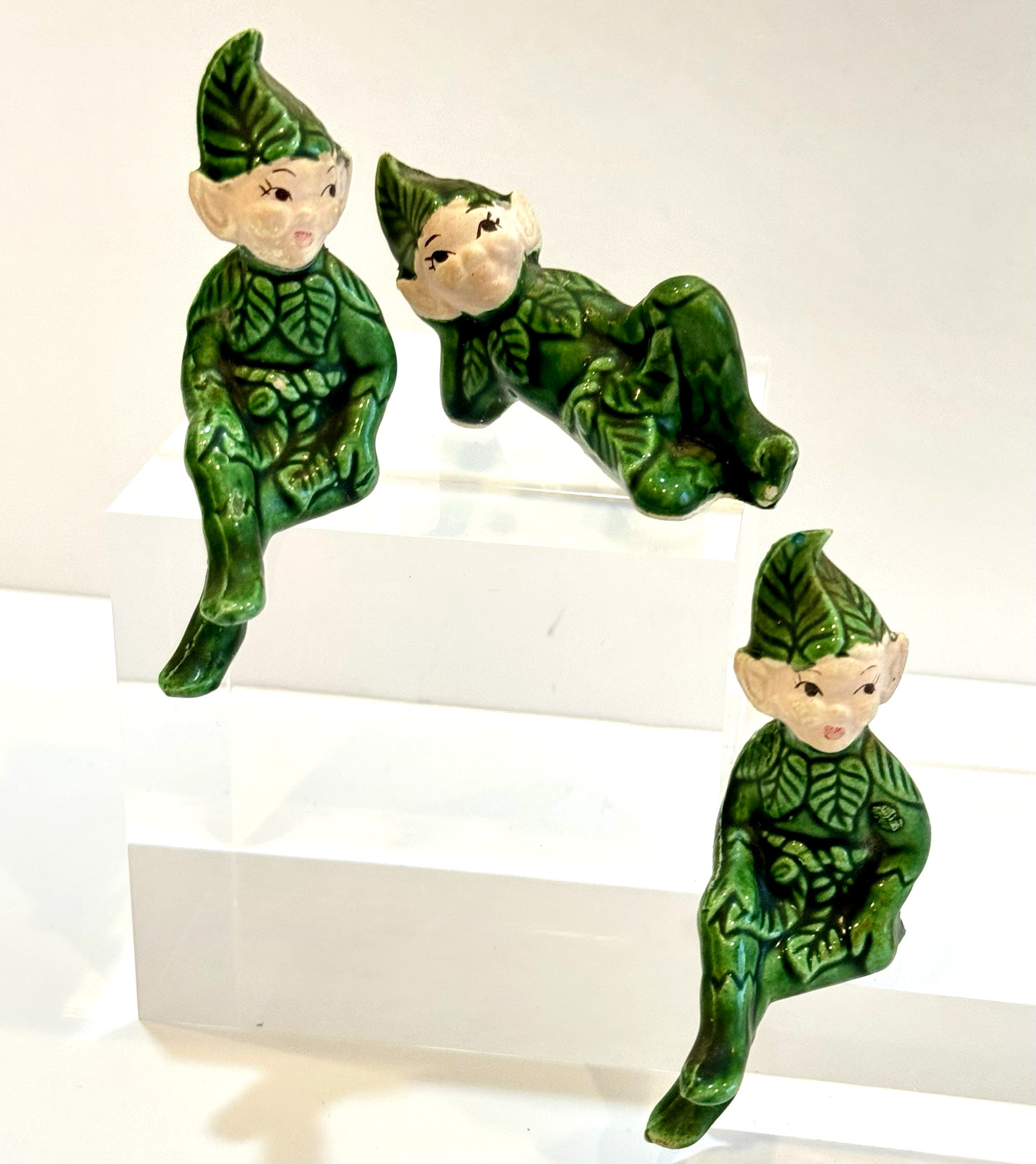 Vintage 50s Pixie Elf Japan Bisque Figurine Lot of 3 Green Ceramic Kitsch Fairy