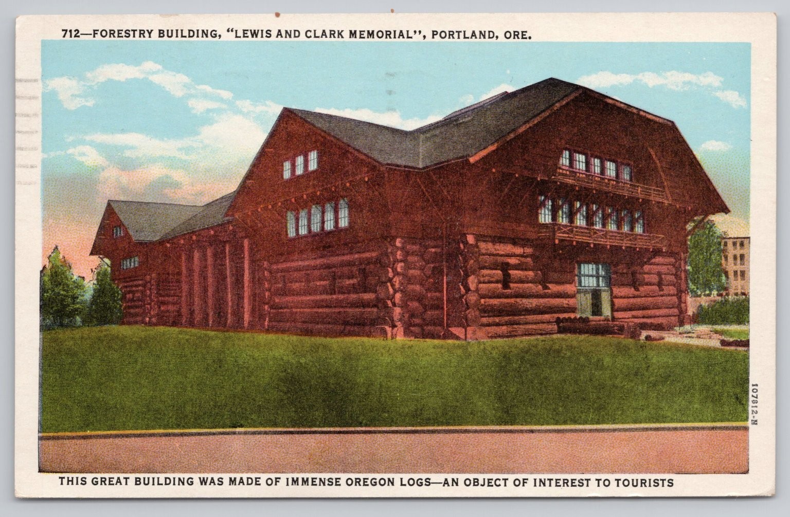 Portland Oregon OR Forestry Building Lewis & Clark Memorial Log Postcard 1934