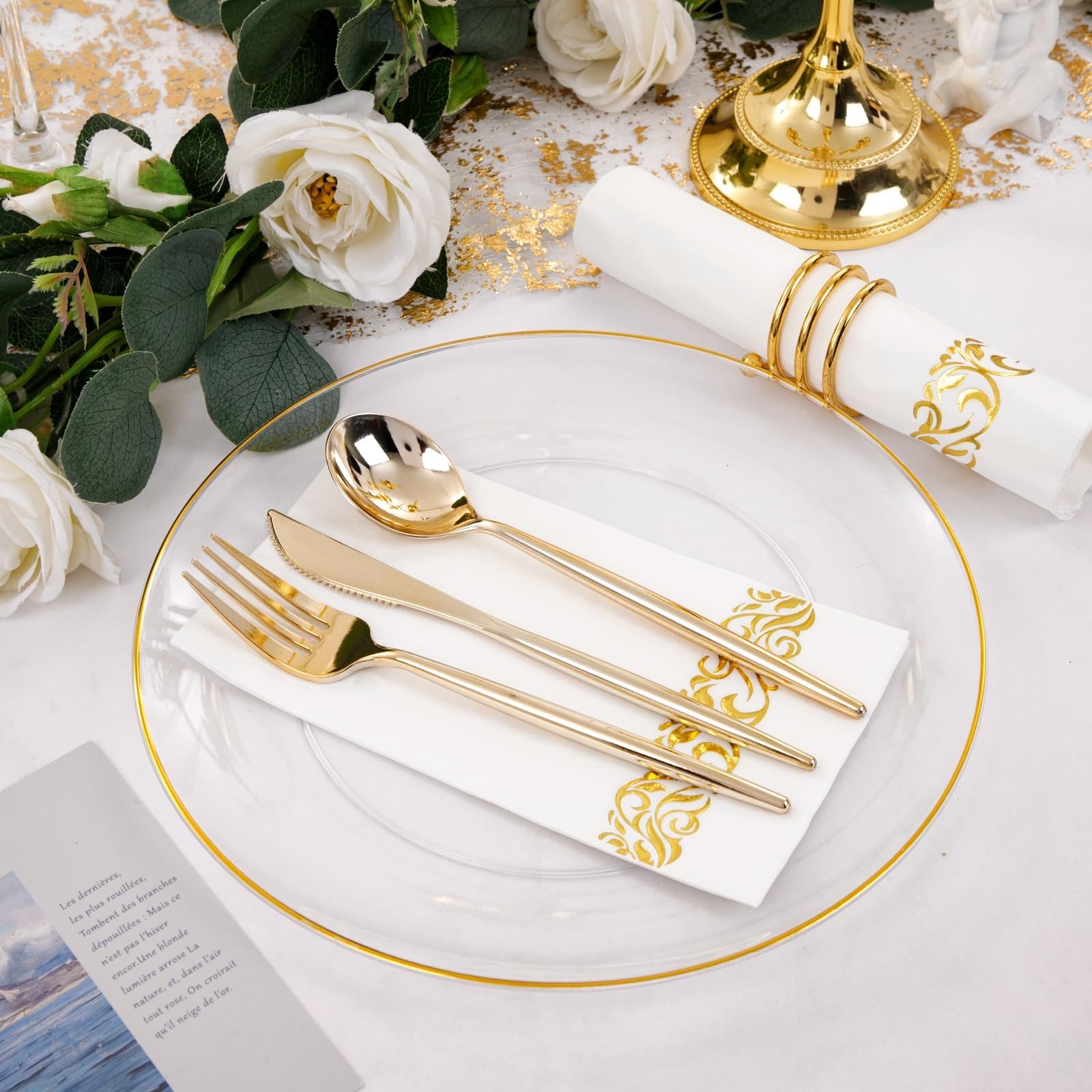 MirthMood 210Pcs Clear and Gold Plastic Dinnerware Set for 30 Guests, Include…
