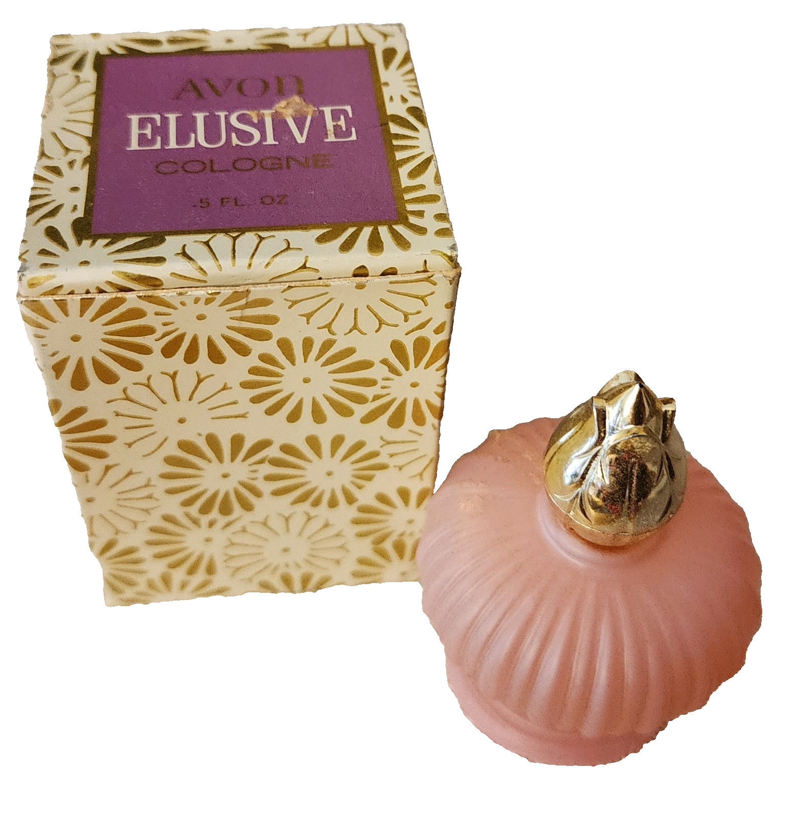 AVON Pink Glass Miniature Bottle ‘Elusive Cologne’ half Full with Box 1970s