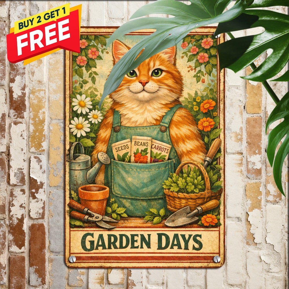 Retro Gardening Cat Apron Potted Plants Tools Art Metal Tin Sign Wall Plaque