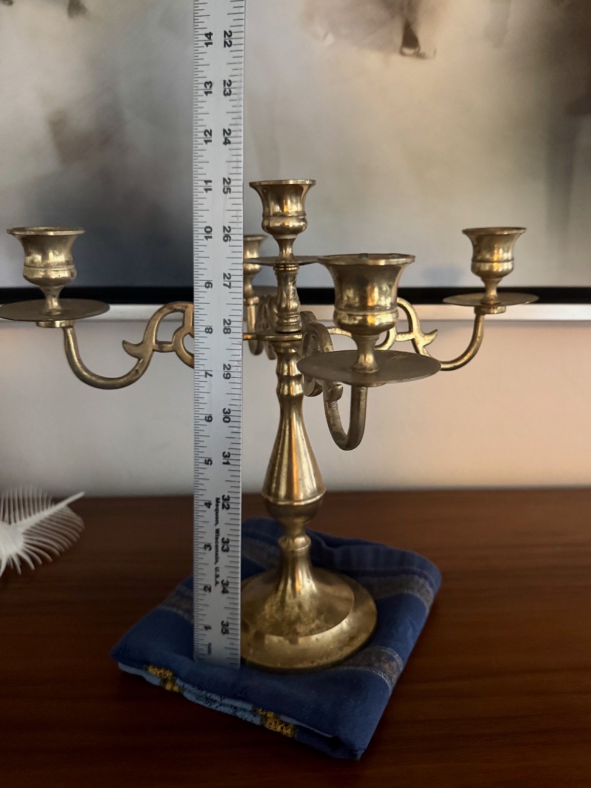 VINTAGE SOLID BRASS 4 ARM 5 CANDLE HOLDER CANDELABRA CANDLESTICKS INDIA 1970s
