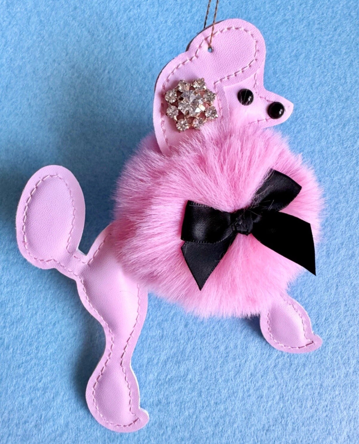 New Fluffy Pink Poodle Dog w/ Sparkle Accent & Black Bow Christmas Ornament 5.5”