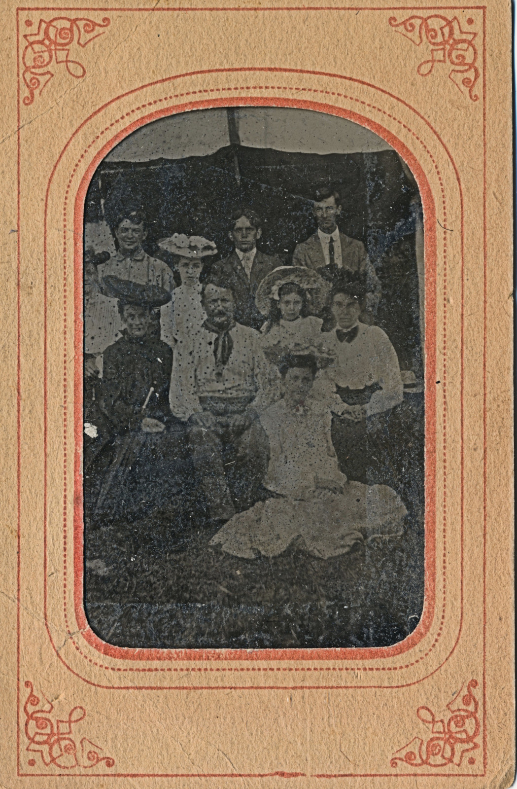 1860-1869 Tintype: 10 People, 6 Fabulous Hats Photo in Original Paper Frame