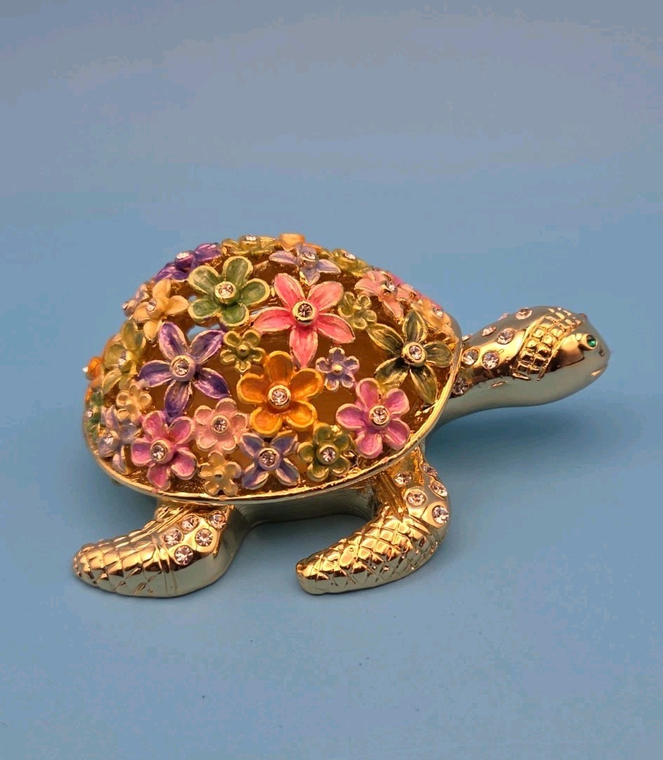 Keren Kopal Golden Turtle w/Colorful Flowers Trinket Box TF1334 Crystals 2017