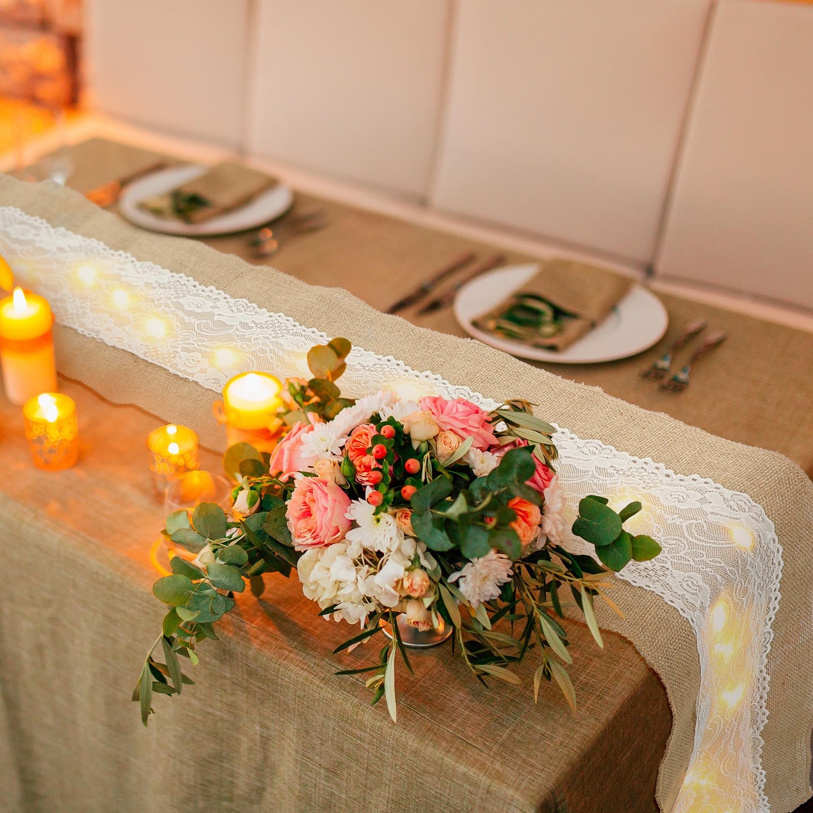 Xinnun 6 Pcs Burlap Table Runner Lights 12 X 108 Inches Burlap Lace Table