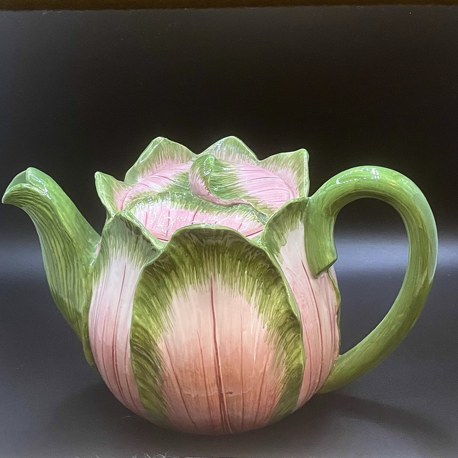 Vintage Ceramic Cabbage Rose Tulip Pink & Green Teapot Made In Italy-VERY GOOD