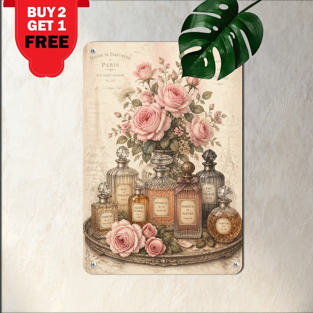 Ornate Bouquet Pink Roses Perfume Bottle Metal Tin Sign Decor 8×12