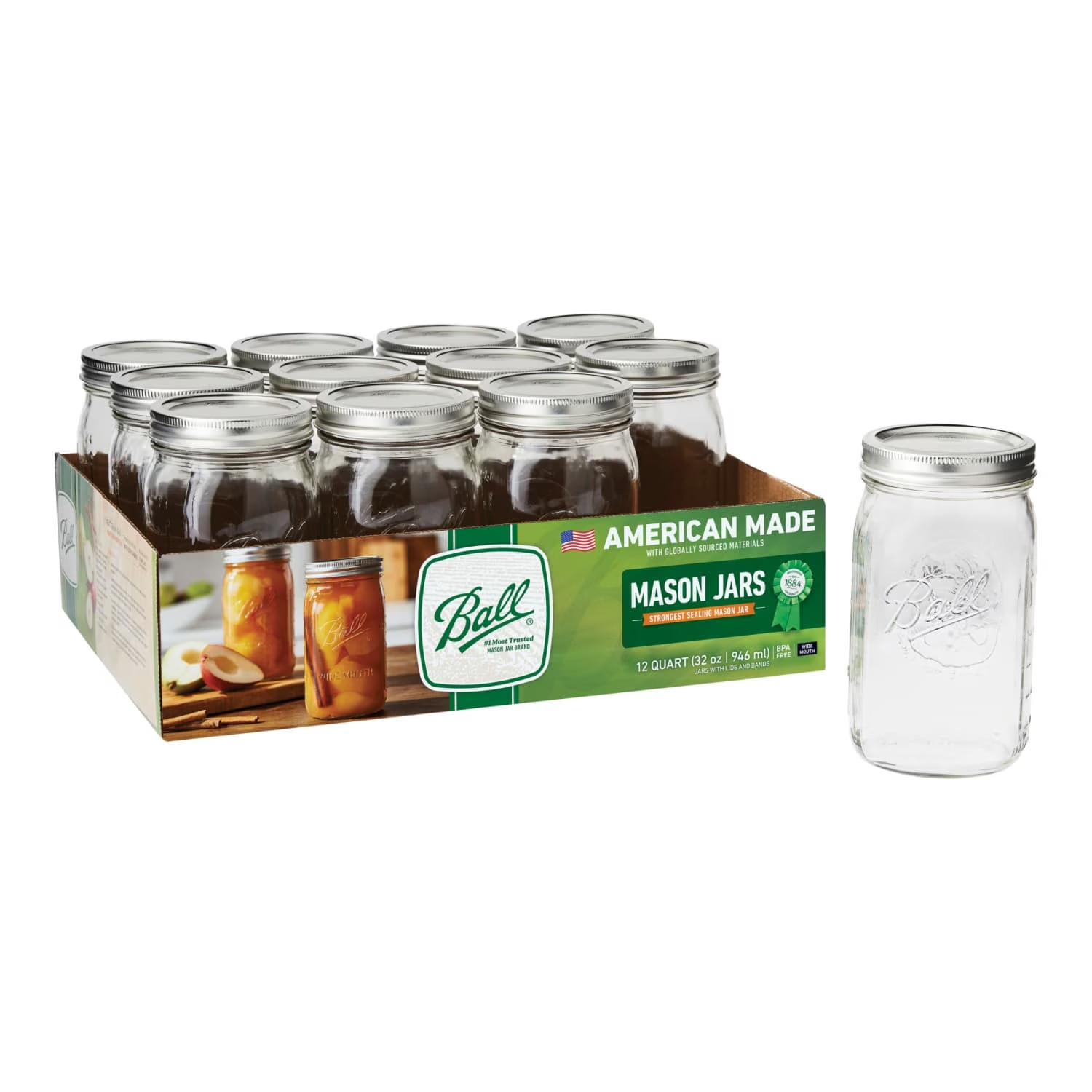wide Mouth Quart 32Oz. Glass Mason Jars with Lids and Bands, Mason Jars with Lid