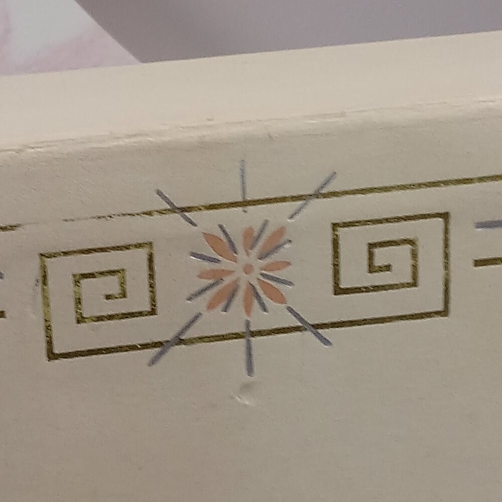 Art Deco Box Pressed Cardboard Cream & Gold Geo Pattern Starburst 12″ Vtg USA