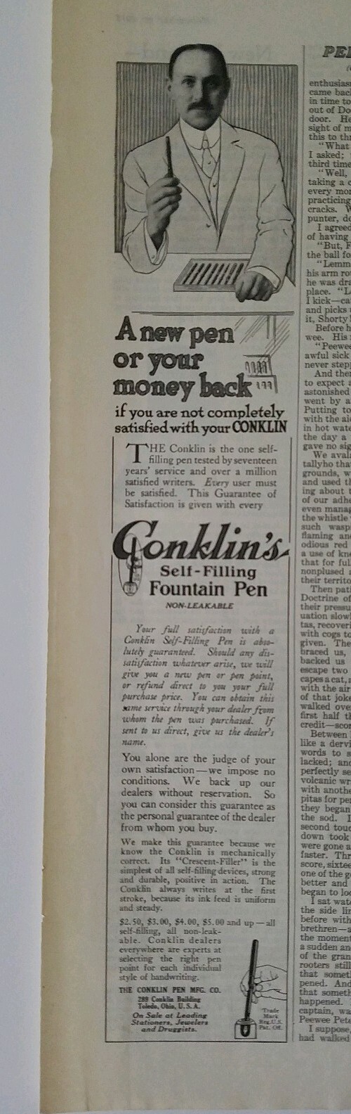 1915 antique Conklin self-filling fountain pen new or money back original ad