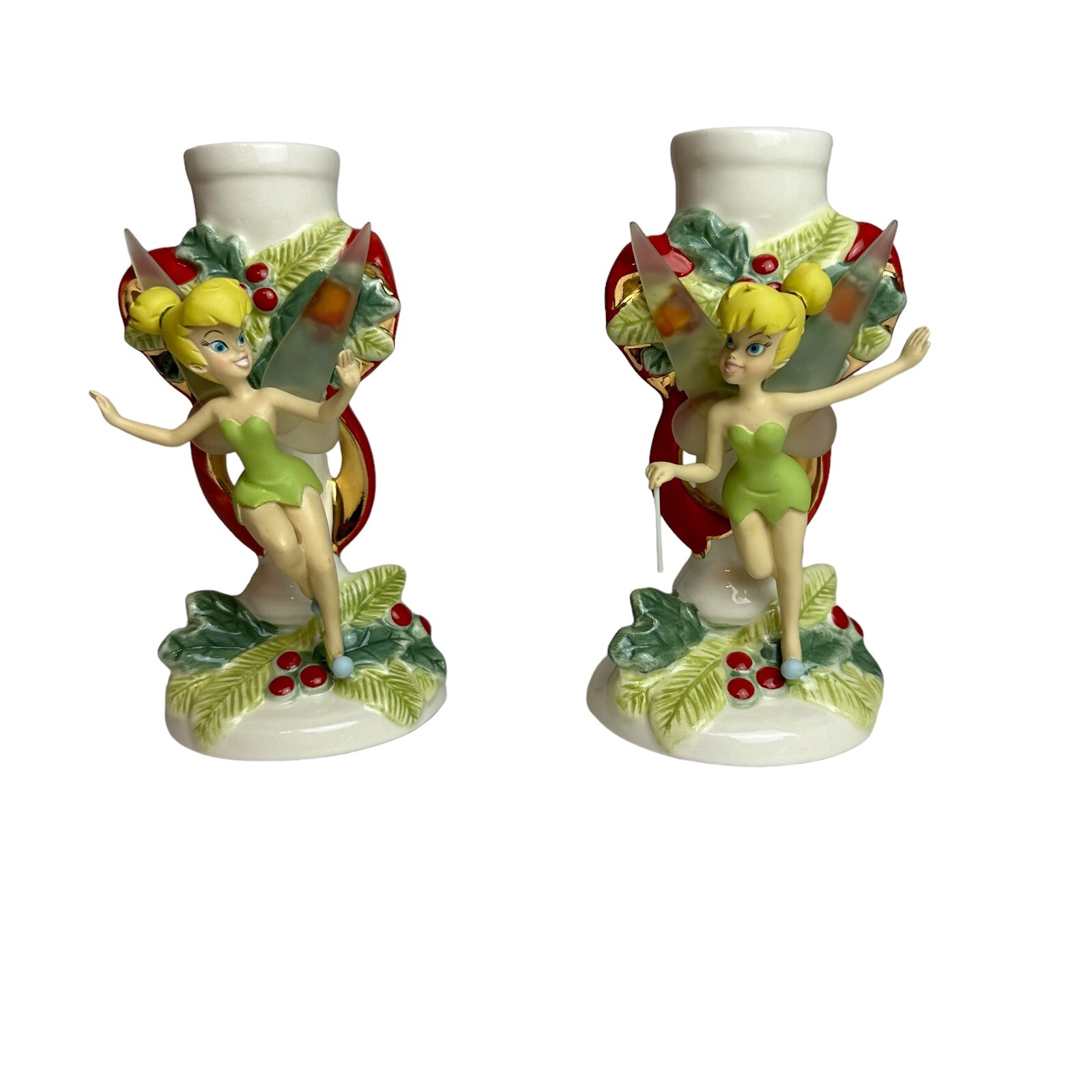 Disney TINKERBELL Christmas Candlestick Holder Set RARE Retired w/Box