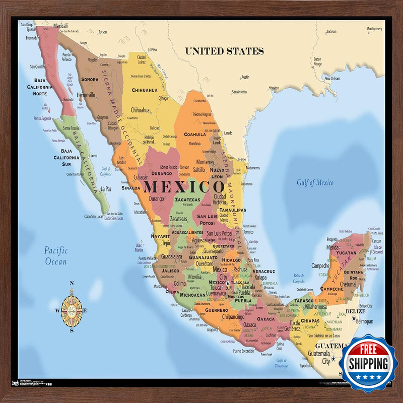 Trends International Map – Mexico Wall Poster 22.375 X 34 Mahogany Framed