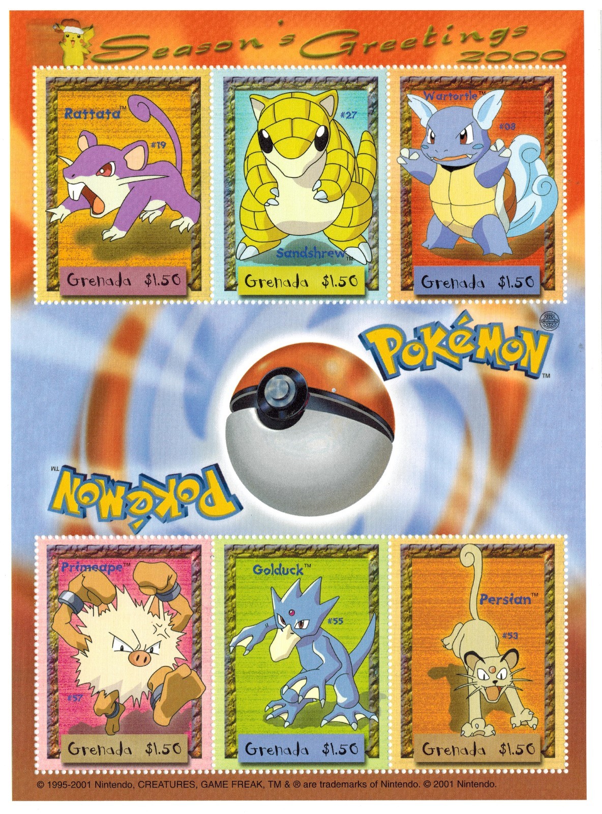 Grenada 2001 – Pokemon Season’s Greetings – Sheet of 6 Stamps – Scott 3088 – MNH