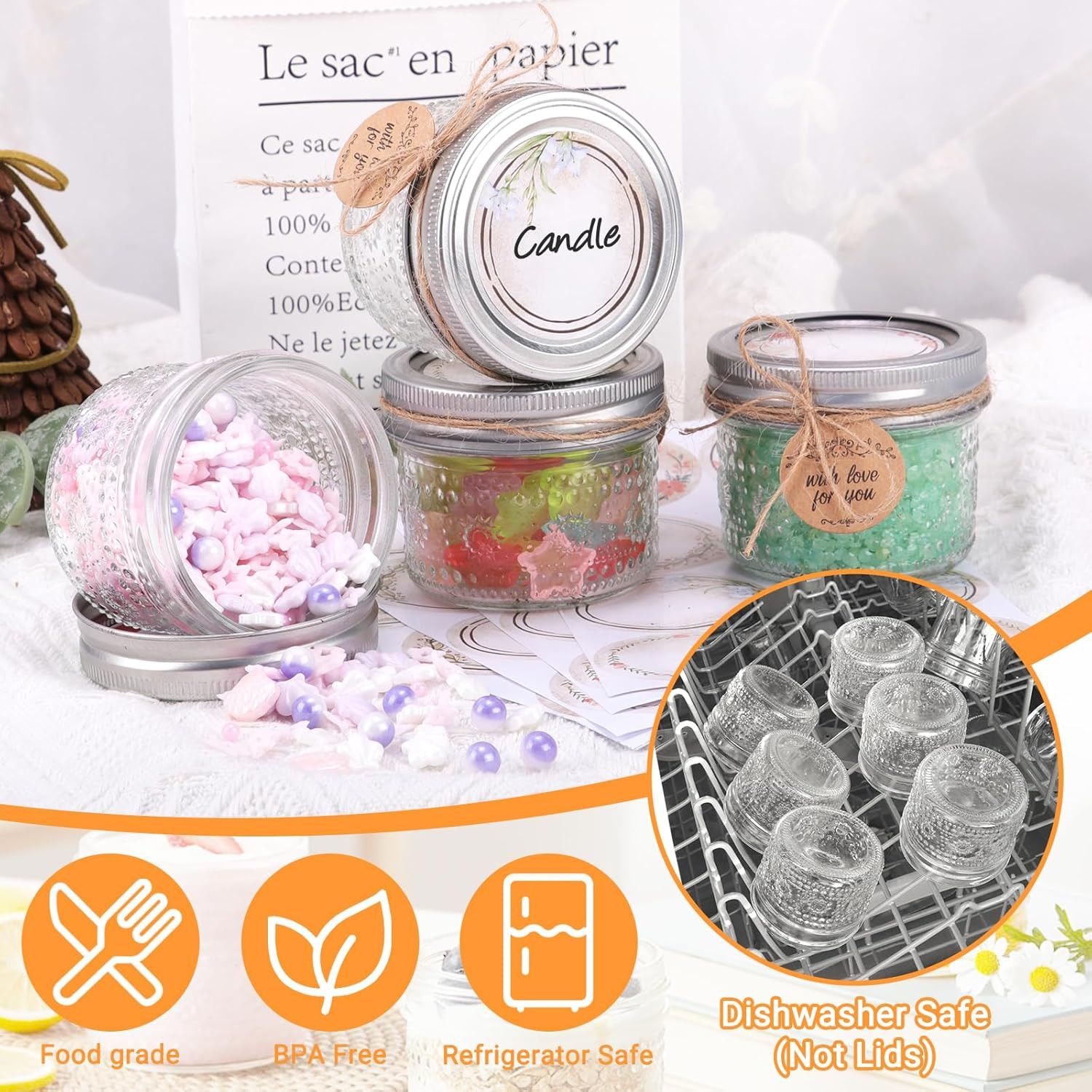 4 oz Mason Jars with Embossed Pattern 4 Pack | Small Canning Jars with Airtight