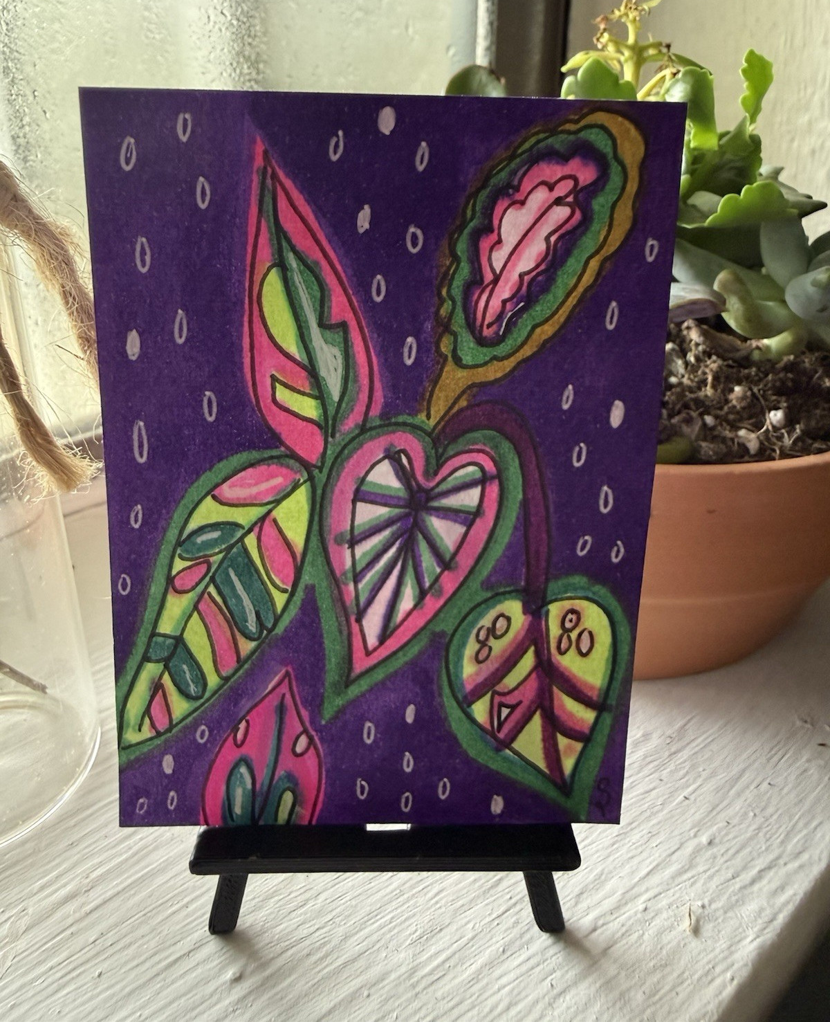 ACEO Original Signed Drawing on Paper Abstract Floral Plants OOAK Unframed