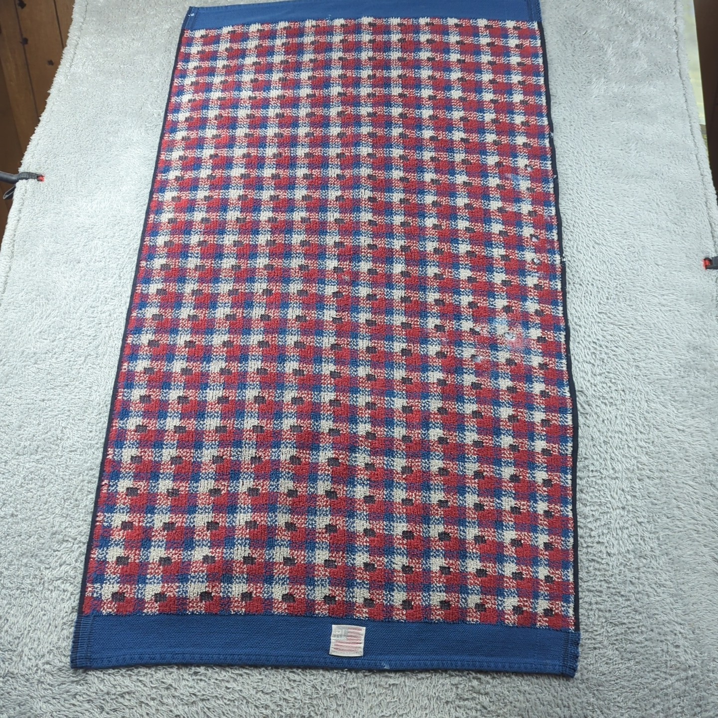 VTG Ralph Lauren Bath Town 46×26 Red White Blue Plaid Flag Logo Made in USA