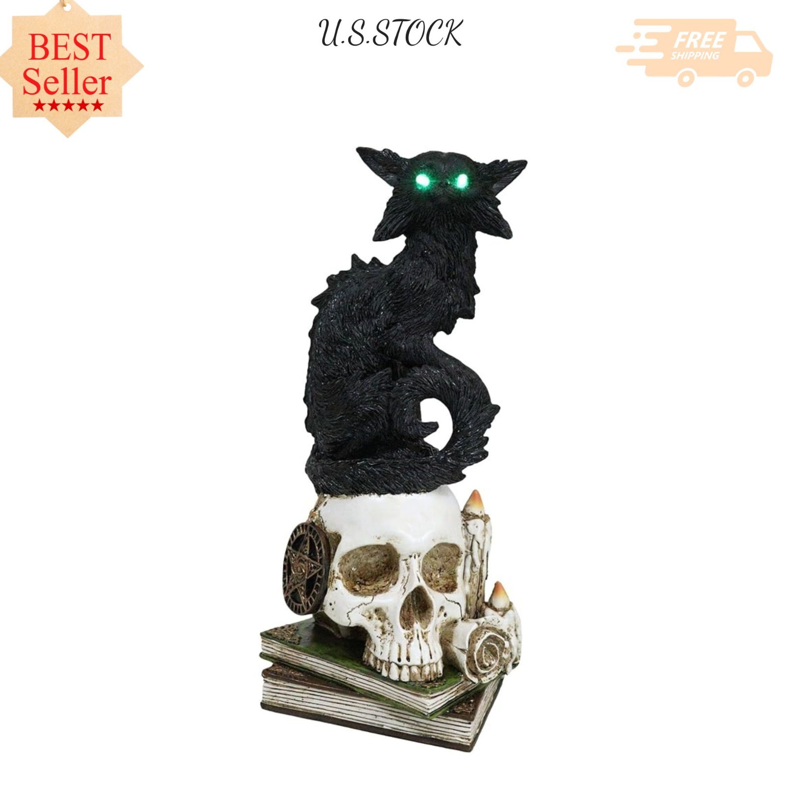 NEW Cat Witchcraft Figurine Black Feline Green Eyes Skull Pentagram Magic Decor