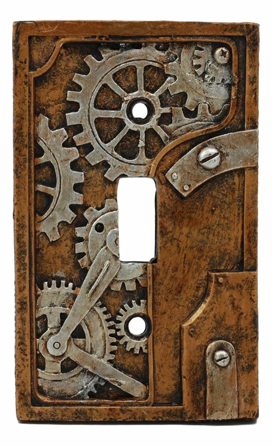 Steampunk Clockwork Gearwork Design Wall Light Switch Plate Gold Background