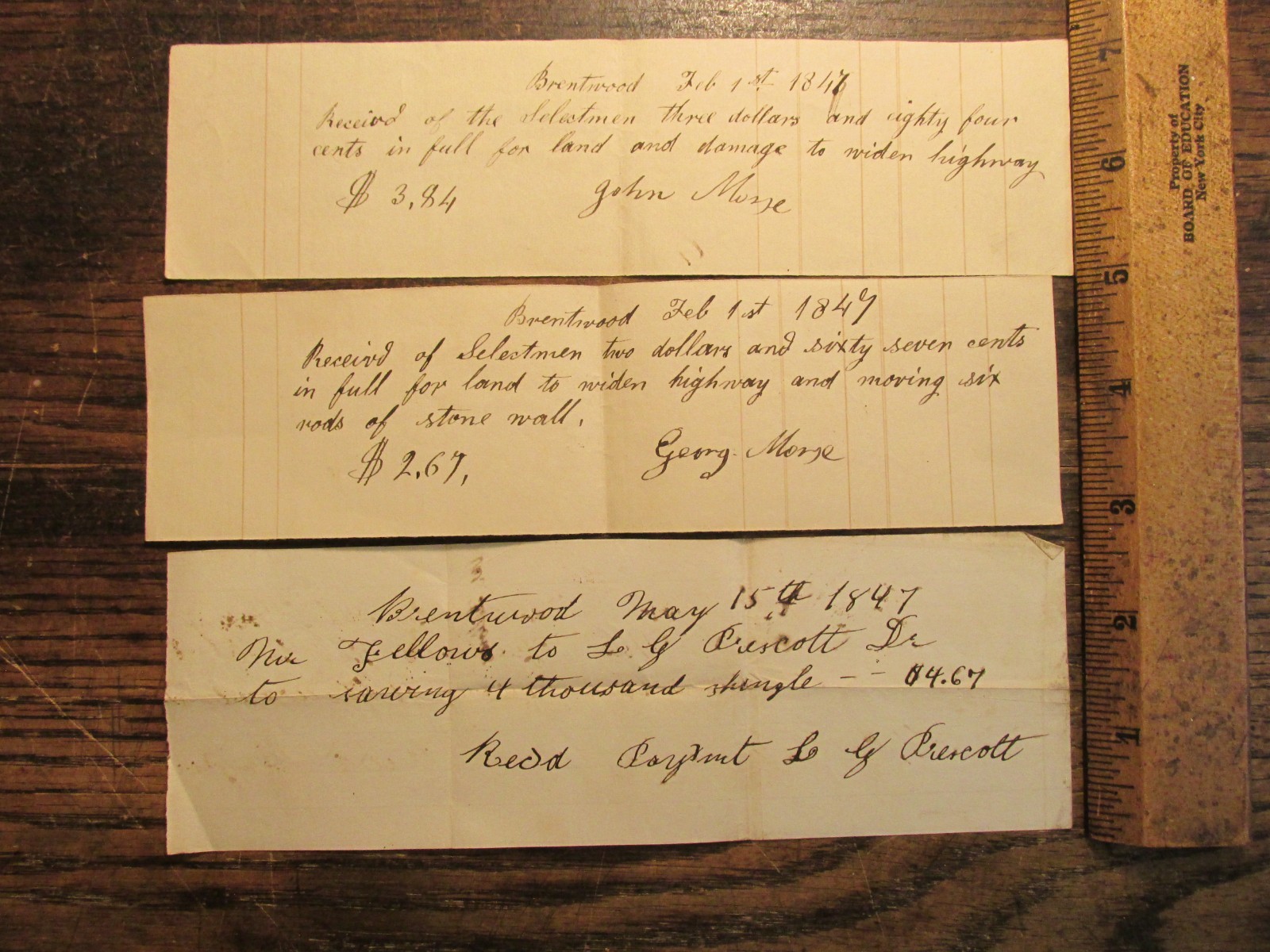 Antique Ephemera Receipt Lot 1847 Brentwood NH Highway Widening Stone Wall Wood