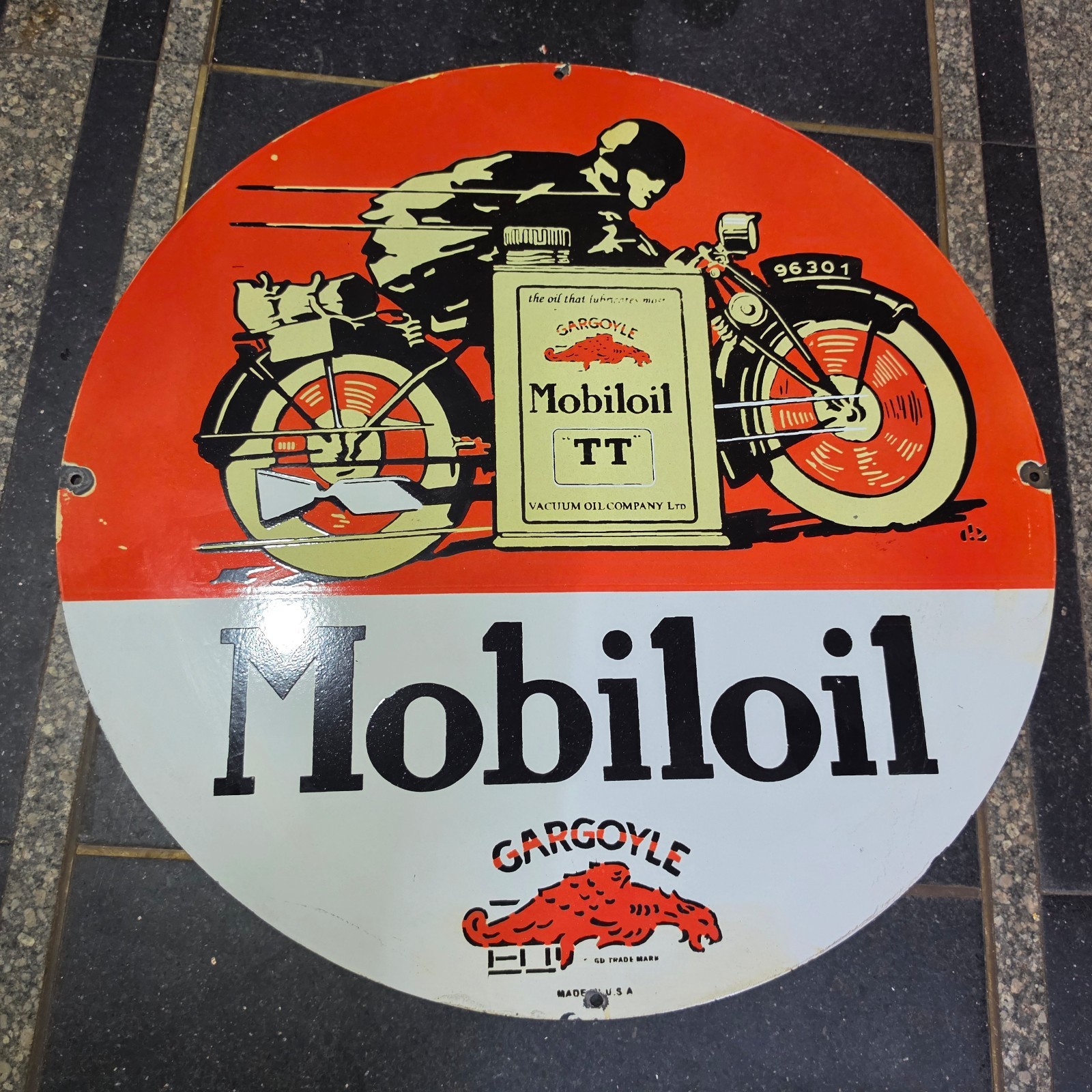 MOBILOIL TT PORCELAIN ENAMEL SIGN 29 X 29 INCHES