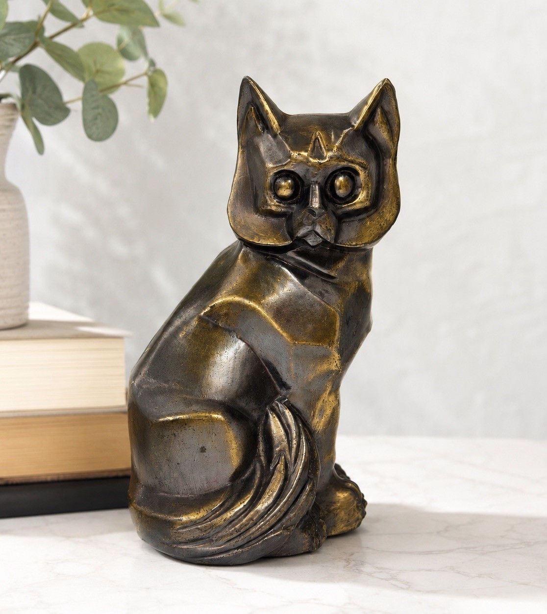 Antique 1929 CMW Art Deco Cubist Cat Metal Bookend Sculpture 7” Bronze Tone