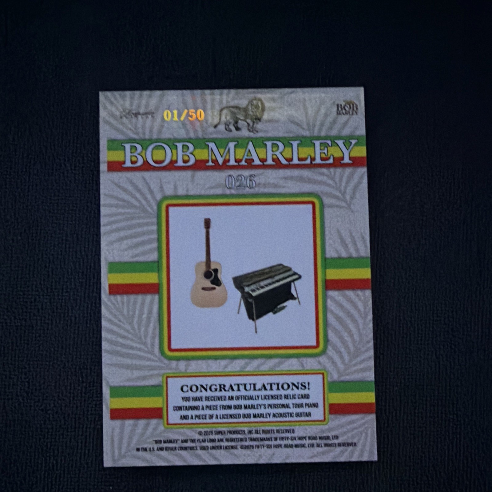 Super Products 2025 Keepsake Edition Bob Marley Dual Relic Guitar & Piano 01/50