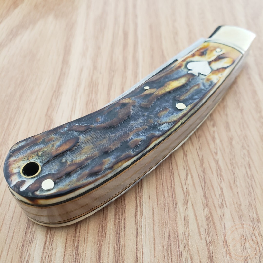 Rough Ryder Upswept Trapper Pocket Knife Damascus Steel Blades Bone Handle 2525