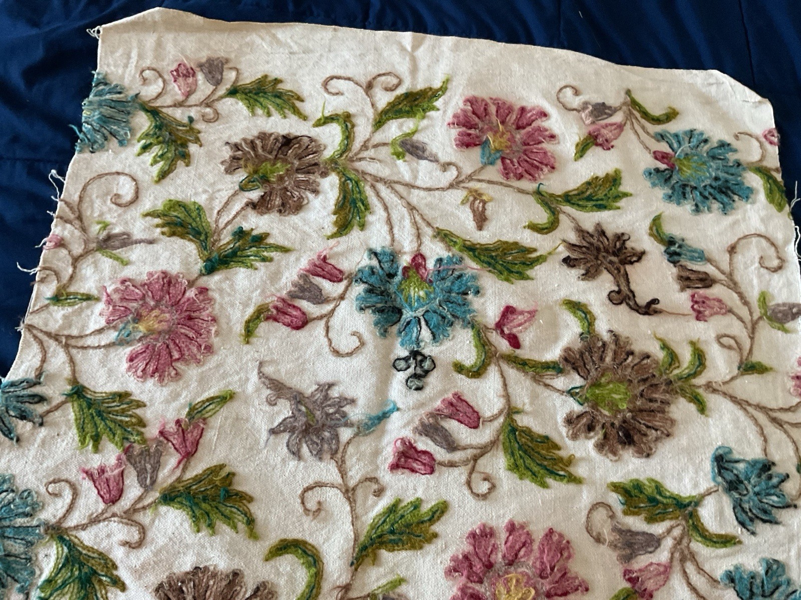 Vintage Embroidered Crewelwork Upholstery Fabric Flowers Italy Van Lathem