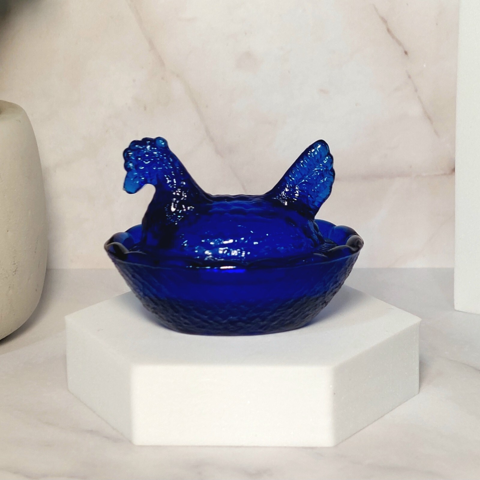 2 Hen on Nest Mini Chicken Salt Dish, Cobalt Blue Depression Style Glass Kitchen