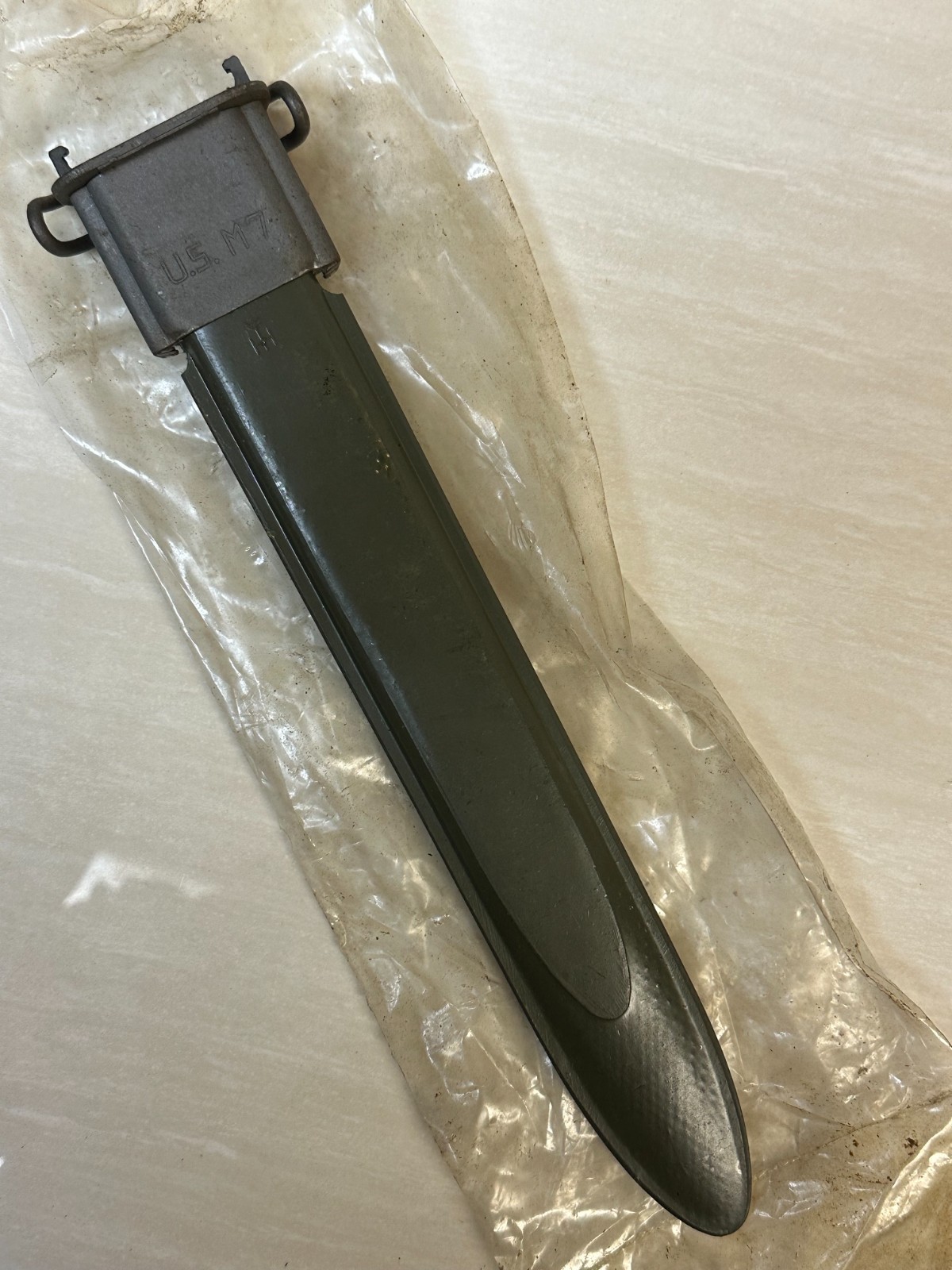 SCABBARD FOR 10″ GARAND BAYONET MARKED “USM7” NEW OLD STOCK IN ORIGINAL PACKAGE