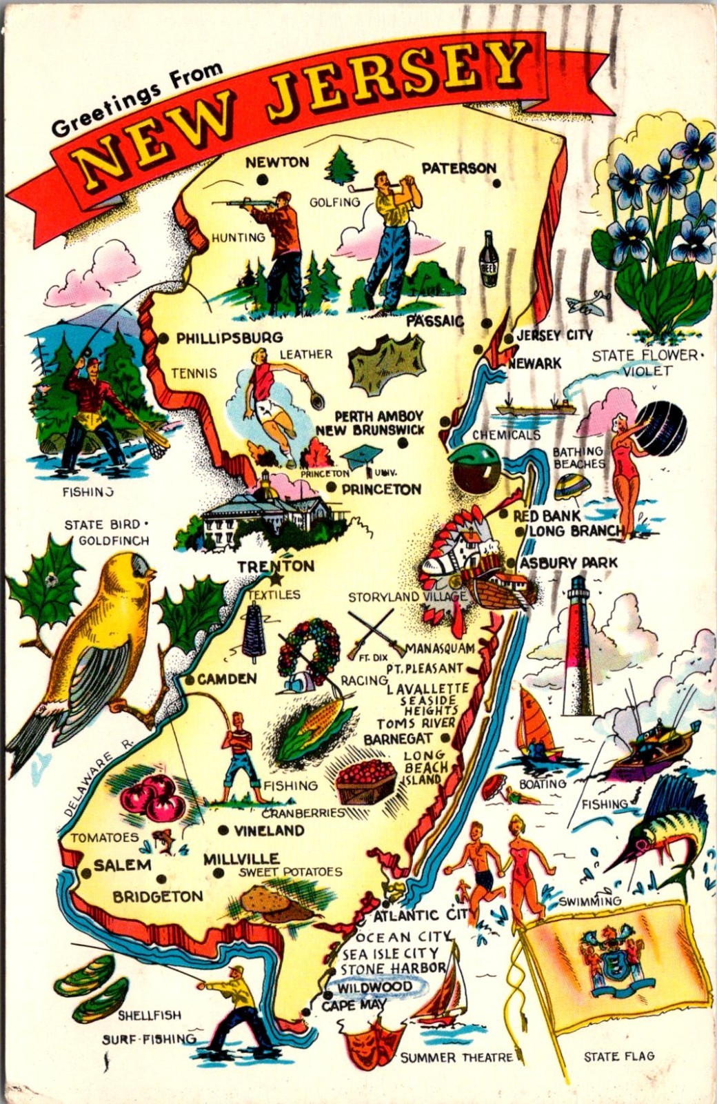 Greetings from New Jersey NJ Map Garden State Iconic Locations 1960s Postcard