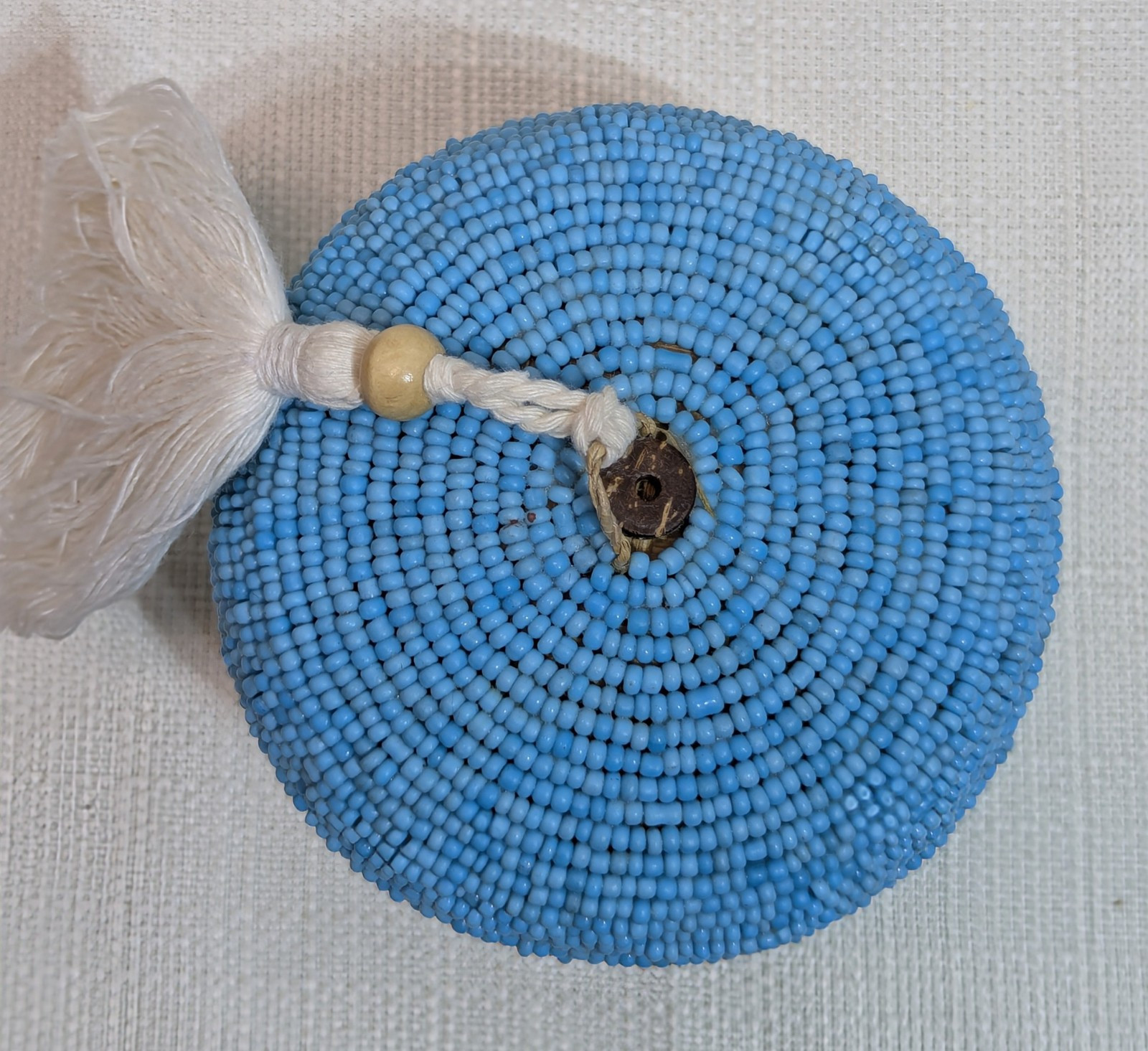 Handmade Small Round Blue Beaded Bamboo Trinket Basket With Tassel, Approx 4″ H