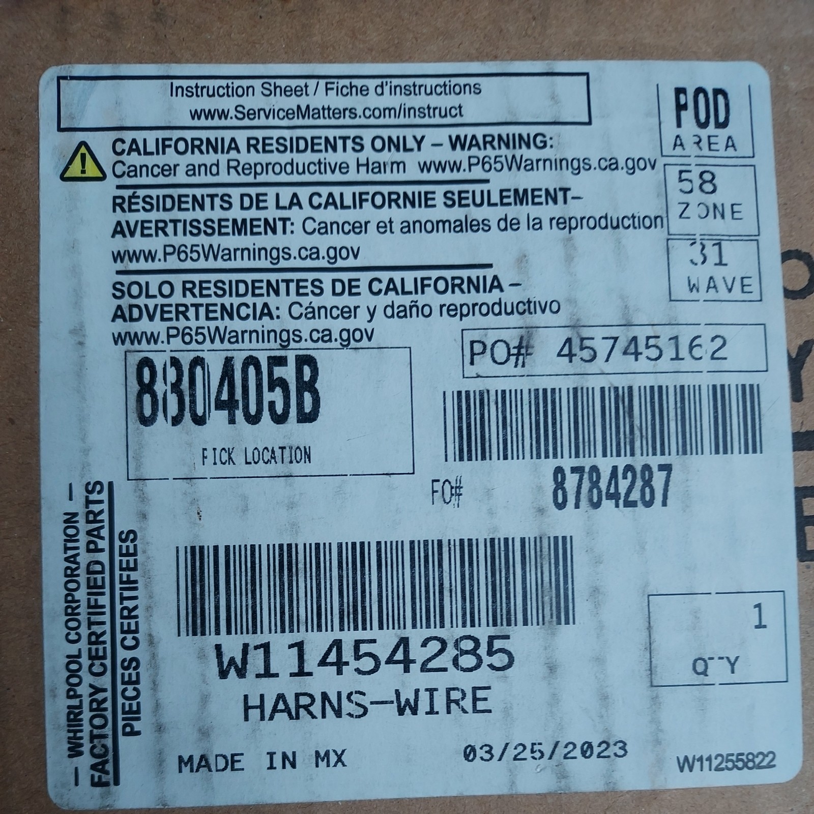 W11454285 WHIRLPOOL HARNS-WIRE