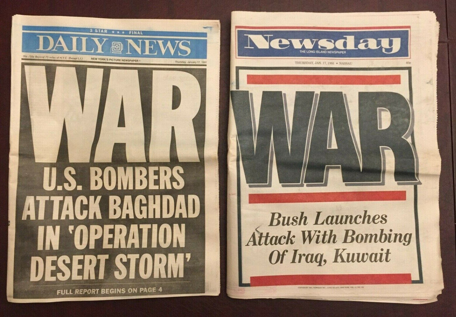 Newsday and Daily News Newspapers (2) – WAR – Desert Storm – January 17, 1991