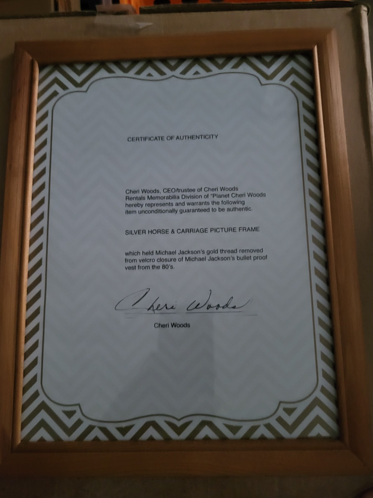 Picture Frame Held Michael Jackson’s Gold Thread Horse Carriage Music Photo COA