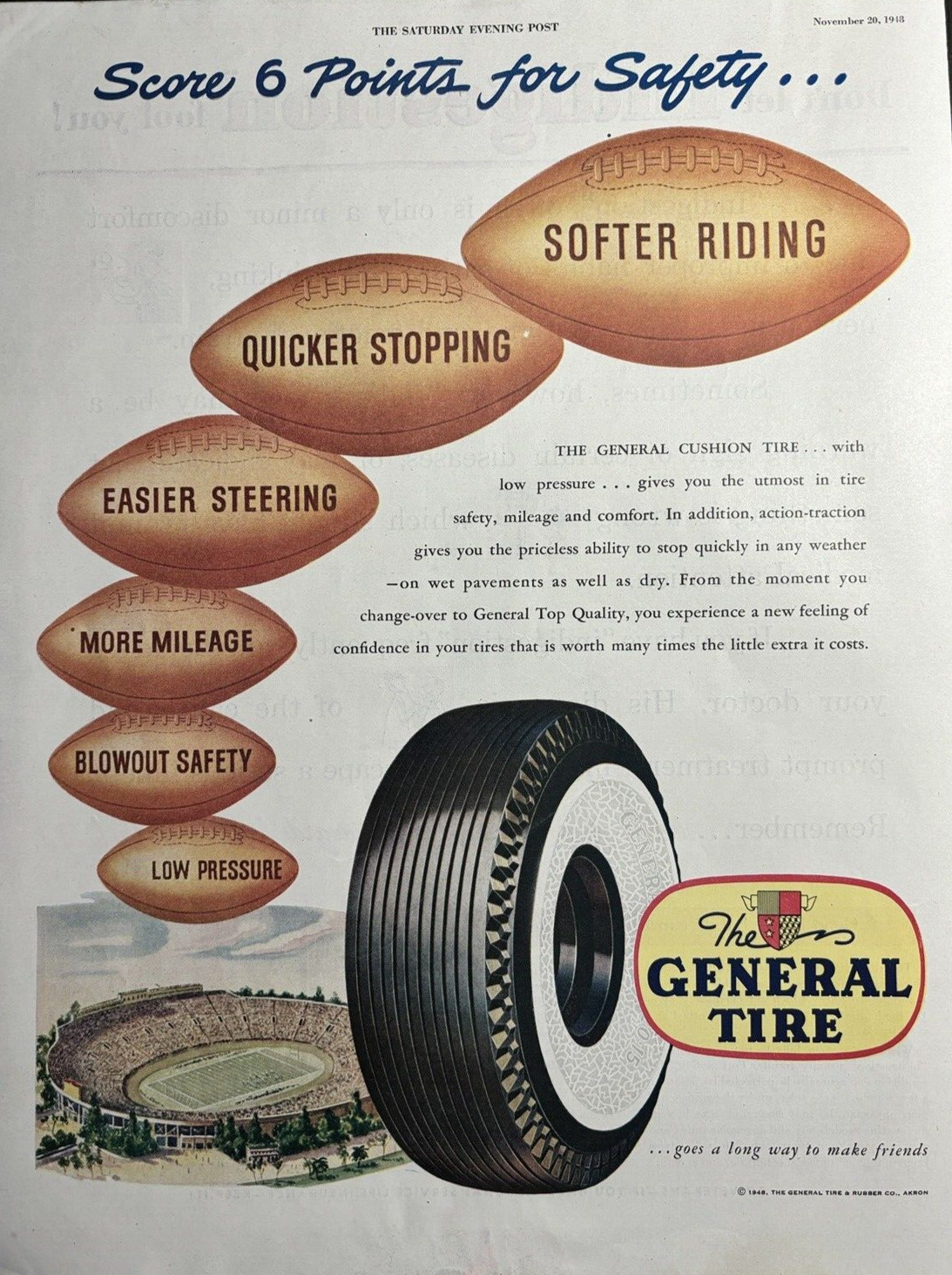 1948 General Tire Rubber Cushion Safety Akron Ohio Football Vintage Print Ad