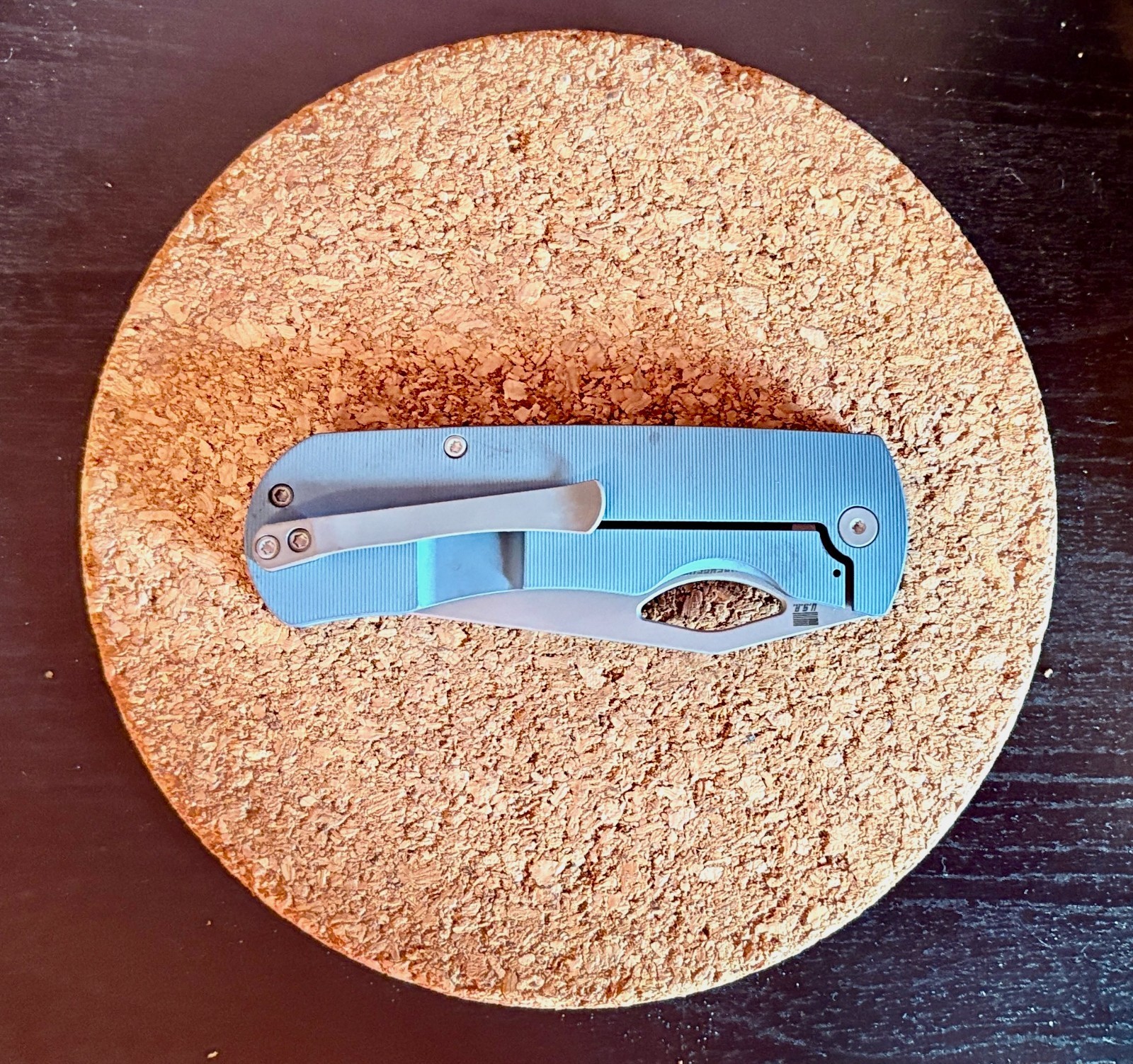 Custom anodized titanium EDC knife – Aqua blue/Darkwash 3.74″