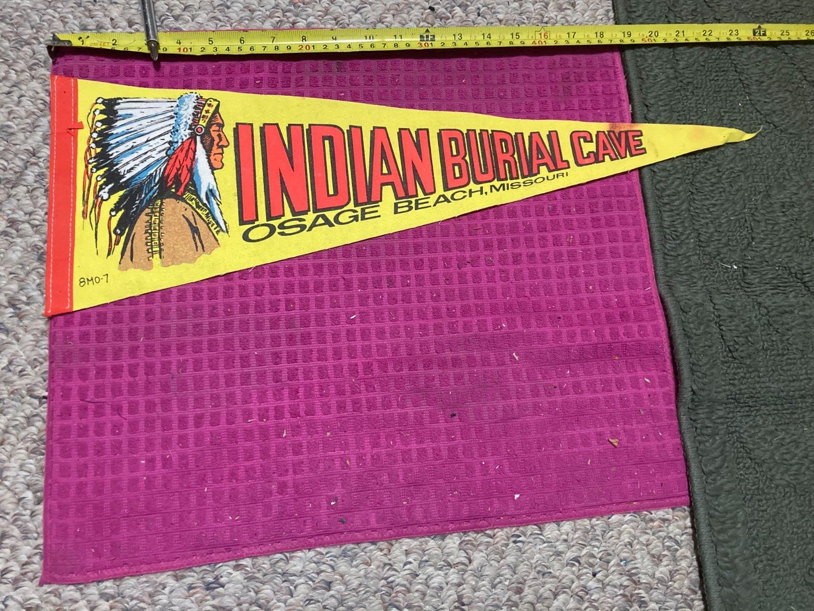 Rare VTG Indian Burial Cave Osage Beach MO Souvenir Pennant BANNER Ship Fast