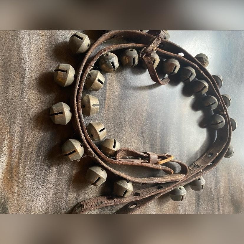 Antique 1800’s Leather Brass Sleigh Bell Strap Large Brown Rustic Christmas 82″