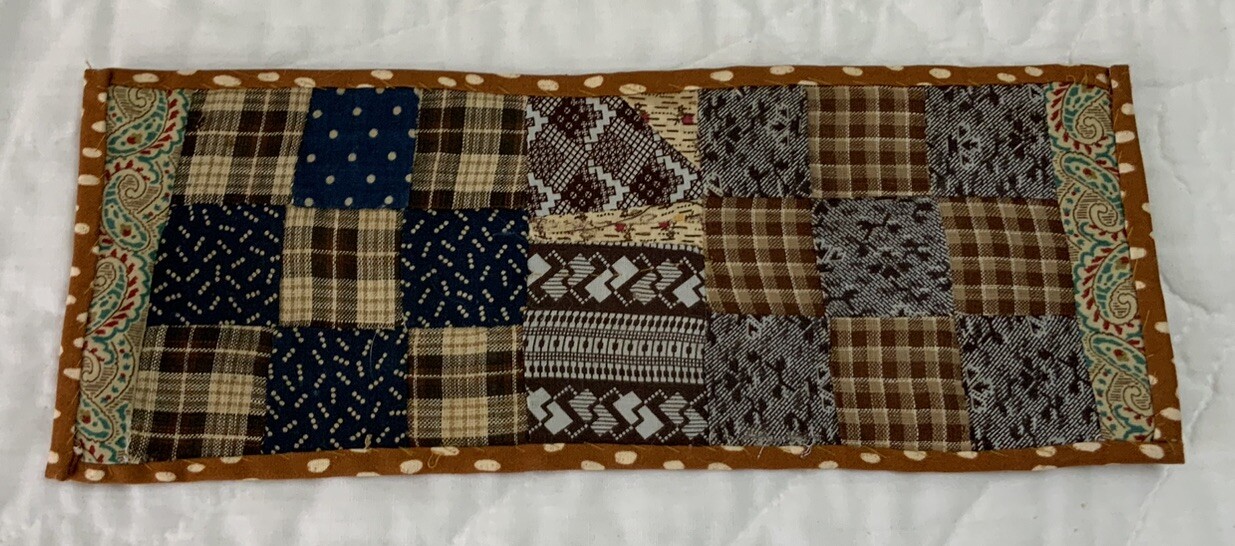 Antique Vintage Table Topper, Rectangle, Nine Patch, Early Calicos, Brown