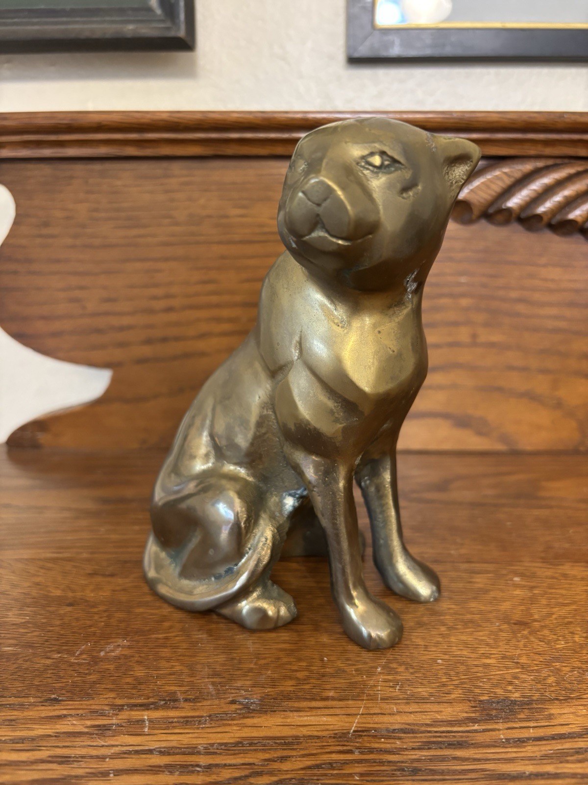 Vintage Solid Brass Sitting Panther Figurine-6 Inches Tall & 2 3/4 Inches Wide.