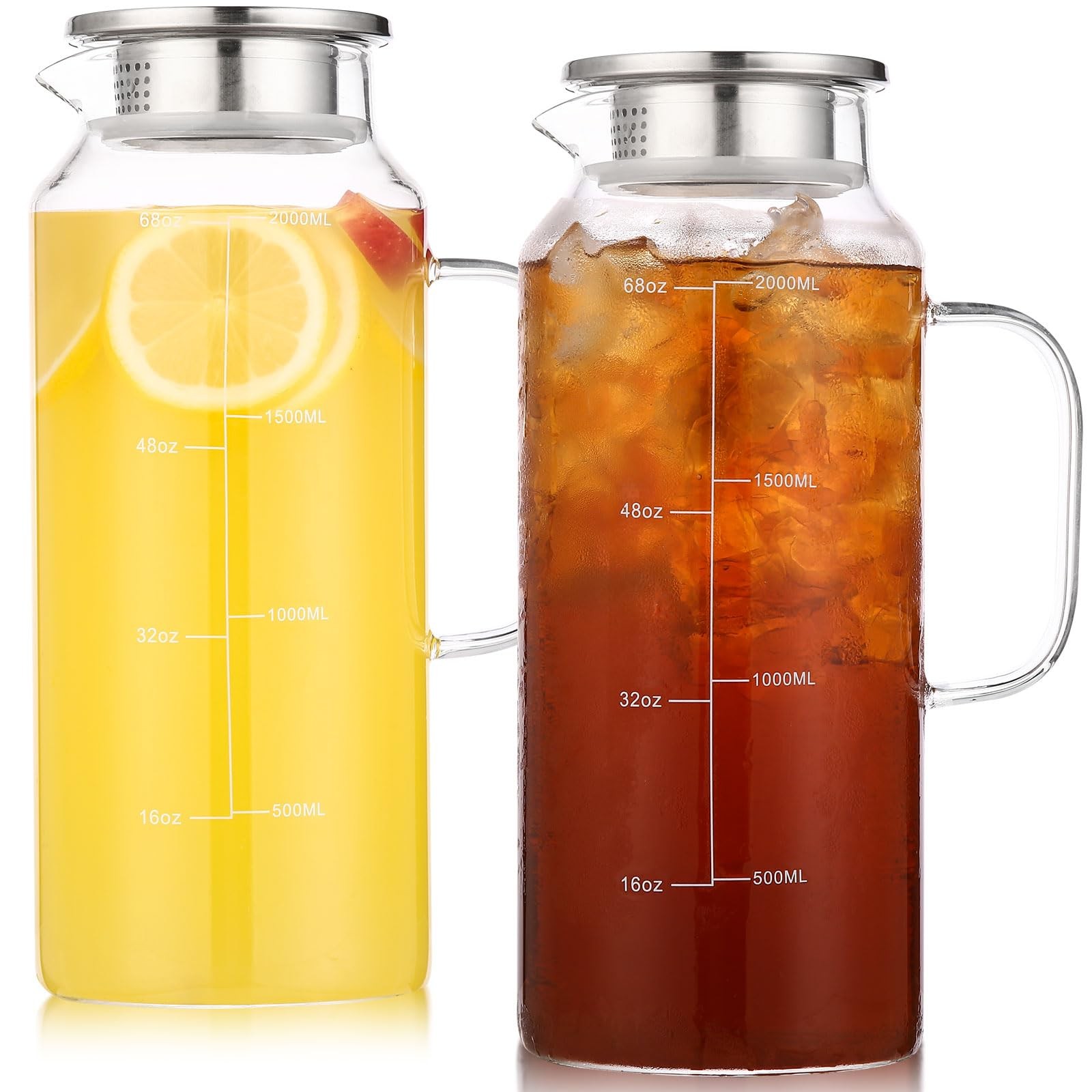 2-Pack Glass Pitcher with Lid, 68oz 2 Quart Water Pitchers 2, Transparent