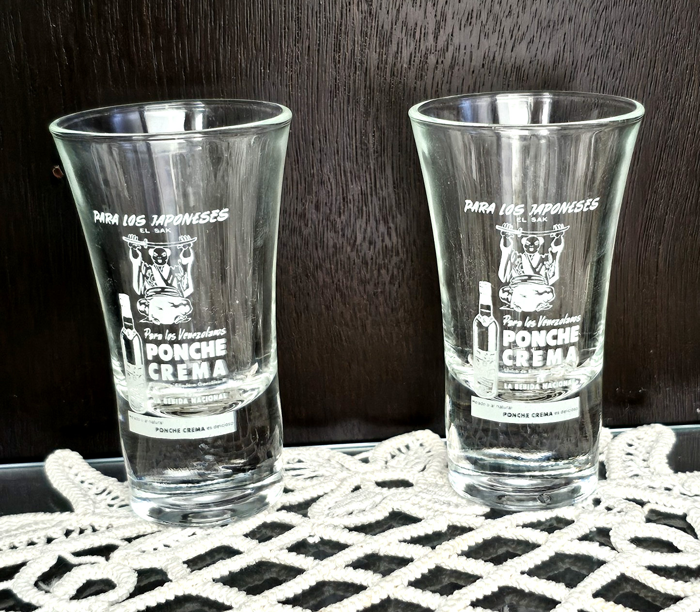 Ponche Crema Shot Glass Set of 2 – White Lettering – 3.5″ Tall x 2″ Diameter Top