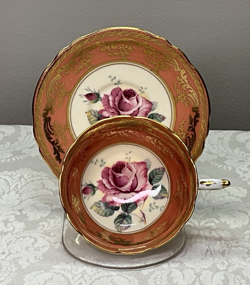 Vintage Paragon Salmon Orange Double Warrant Cabbage Rose Teacup & Saucer