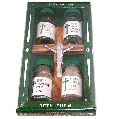 Olive Wood Cross Set -Anotinting Oil, Jordan River Water, Holy Earth and Incense