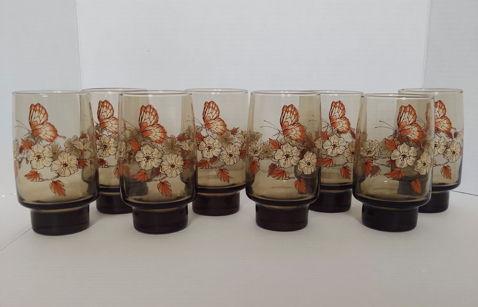 8 – Vintage Libbey Tawny Smoke Glass Butterfly Floral Tumblers 70’s Retro / Boho