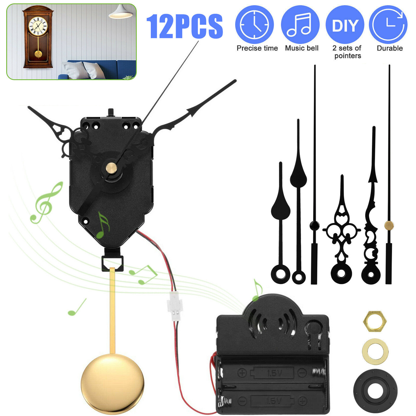 Repair Quartz Mechanism Wall Clock Music Box Movement Chime DIY Hands Parts Tool