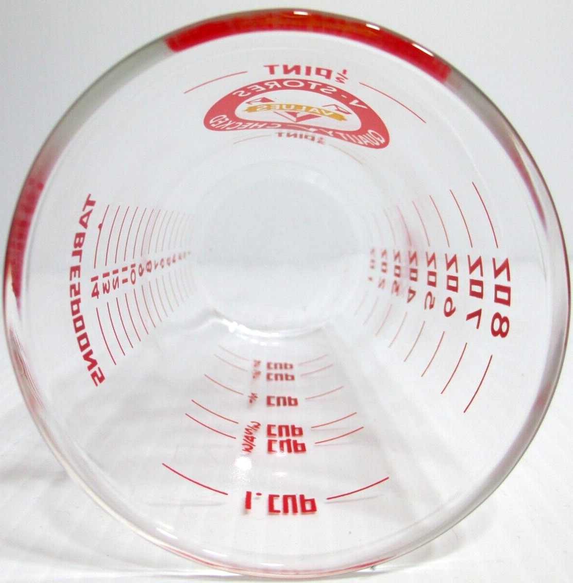 Vintage V-Stores Values Quality Checked Advertising Measuring Glass 8 oz. 4 3/4″