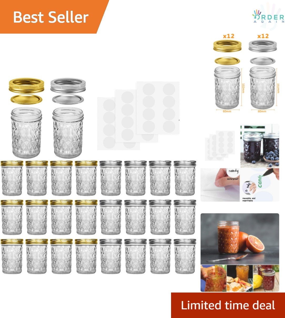 8 oz Mason Jars 24 Pack Food Grade Glass Canning Jars with Lids for Favors